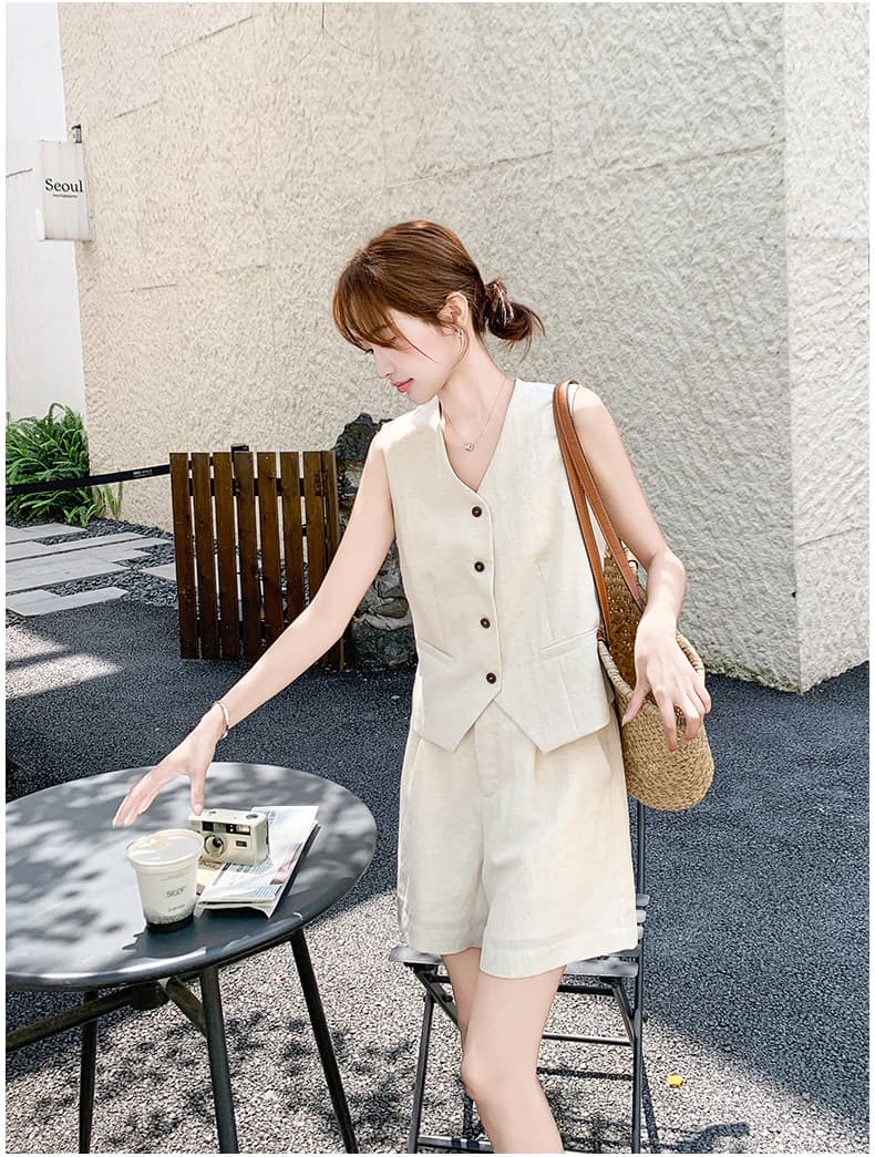 고급 센스 오래된 돈 바람 아마 베이지 색 민소매 싱글 줄 버튼 베스트 넓은 다리가 짧다. 바지 투피스 슈트 여성 2026 여름 상세 이미지 22