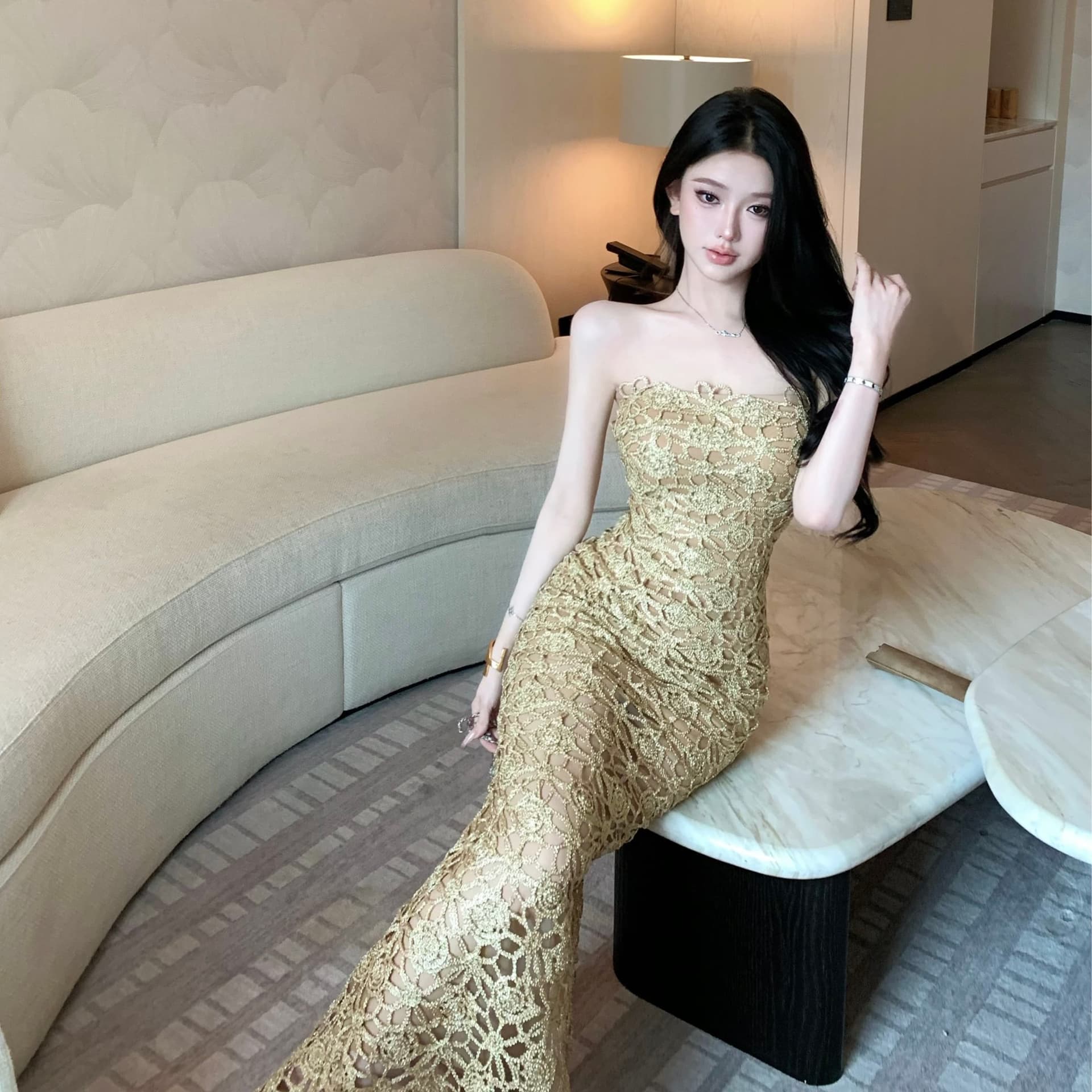 정가 실사 프랑스식 높음 세트 작은 대중 패션 품격 슬림해 보이는 Chic 드레스 홀로우 아웃 슬립 드레스 타이트 스커트 롱 스커트 이미지 5