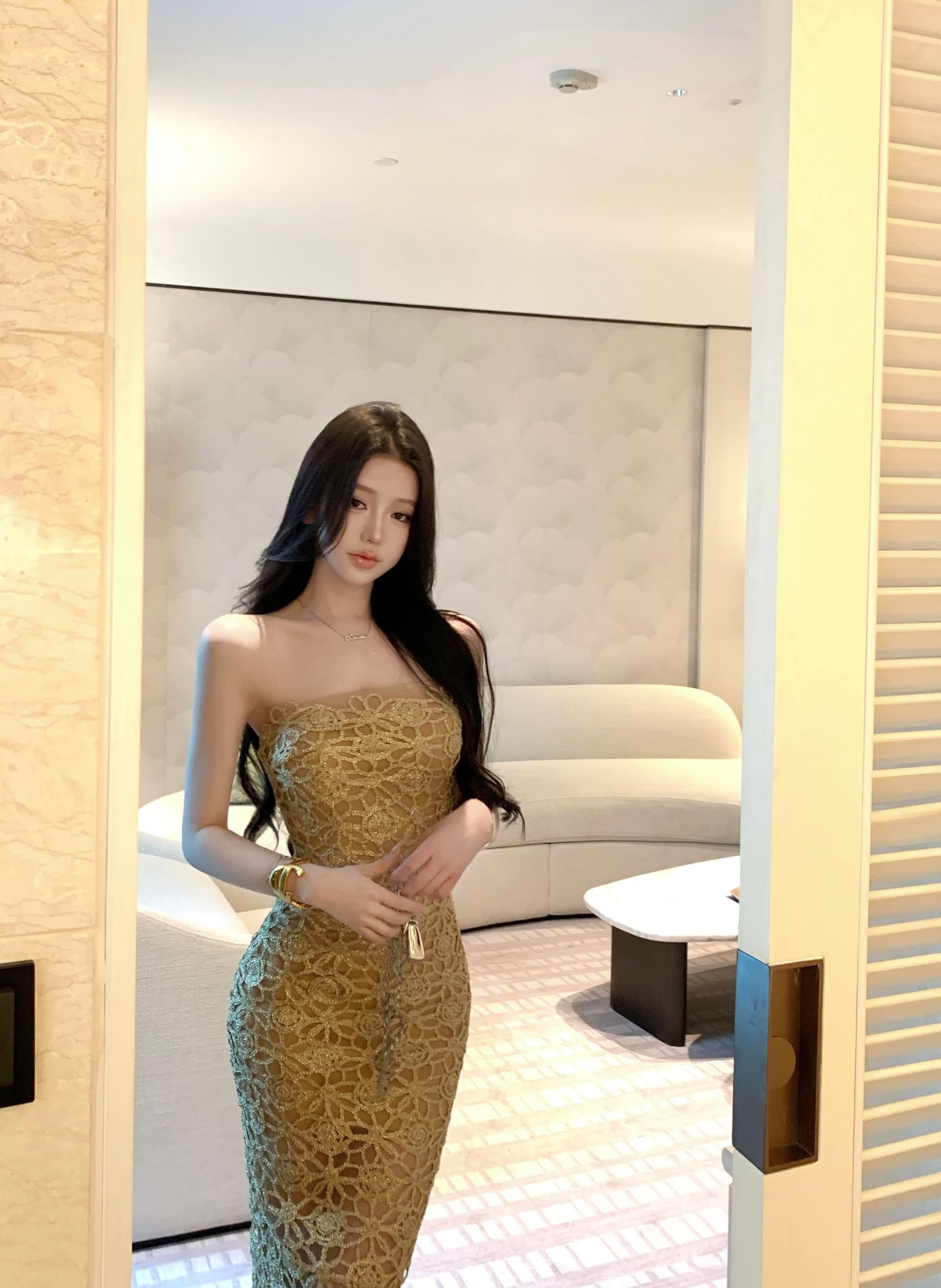 정가 실사 프랑스식 높음 세트 작은 대중 패션 품격 슬림해 보이는 Chic 드레스 홀로우 아웃 슬립 드레스 타이트 스커트 롱 스커트 상세 이미지 2