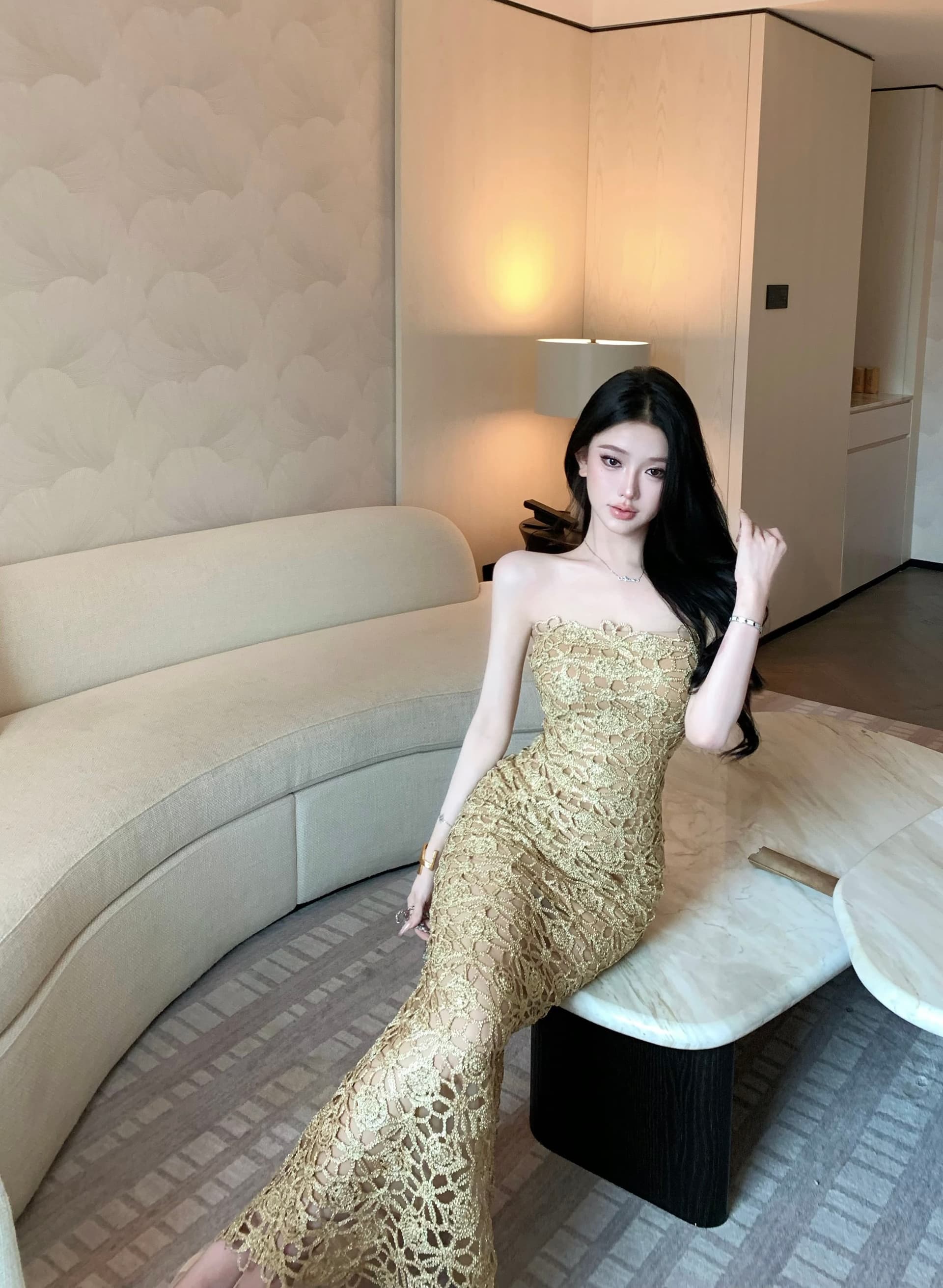 정가 실사 프랑스식 높음 세트 작은 대중 패션 품격 슬림해 보이는 Chic 드레스 홀로우 아웃 슬립 드레스 타이트 스커트 롱 스커트 상세 이미지 10