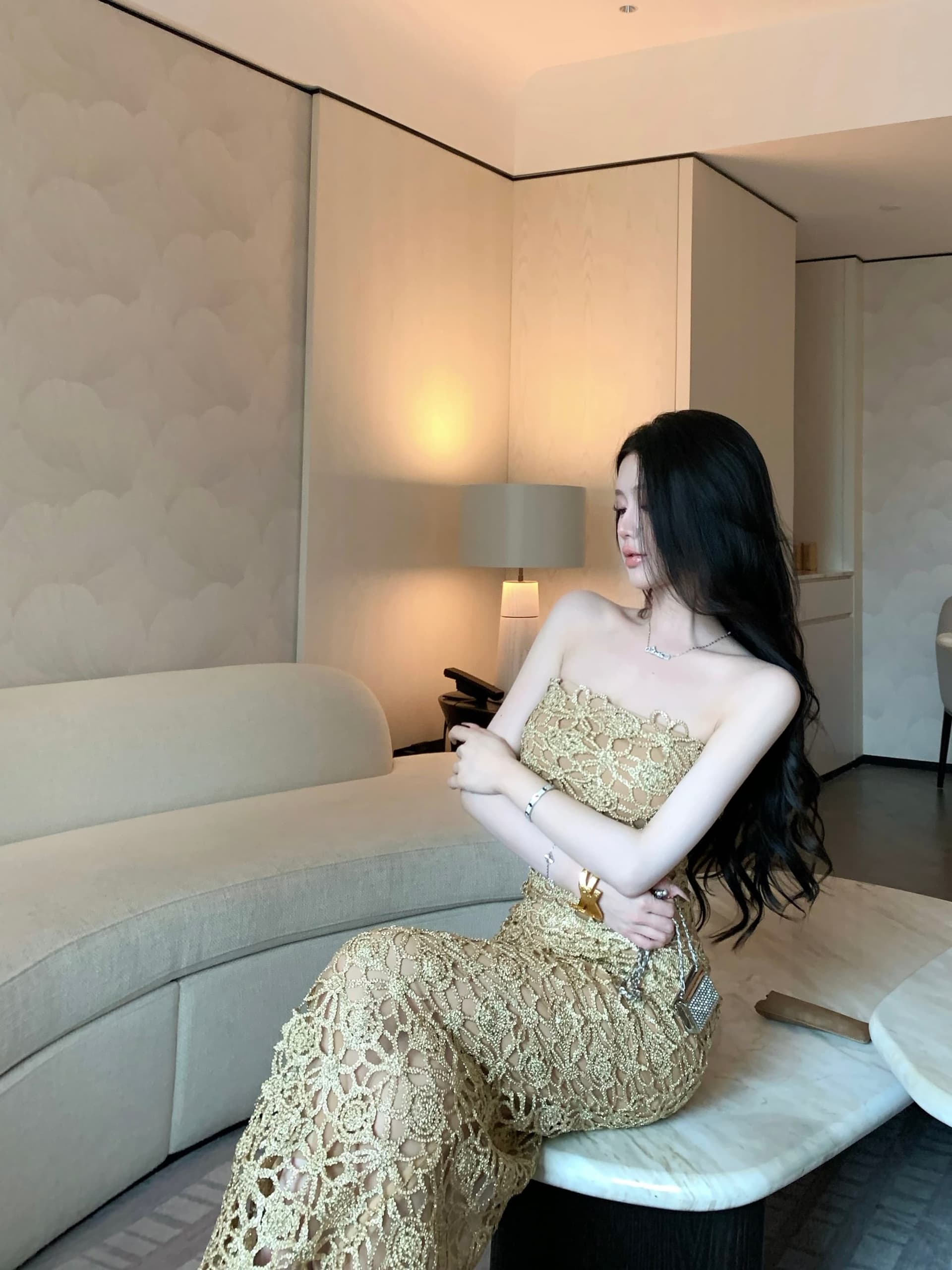 정가 실사 프랑스식 높음 세트 작은 대중 패션 품격 슬림해 보이는 Chic 드레스 홀로우 아웃 슬립 드레스 타이트 스커트 롱 스커트 상세 이미지 12