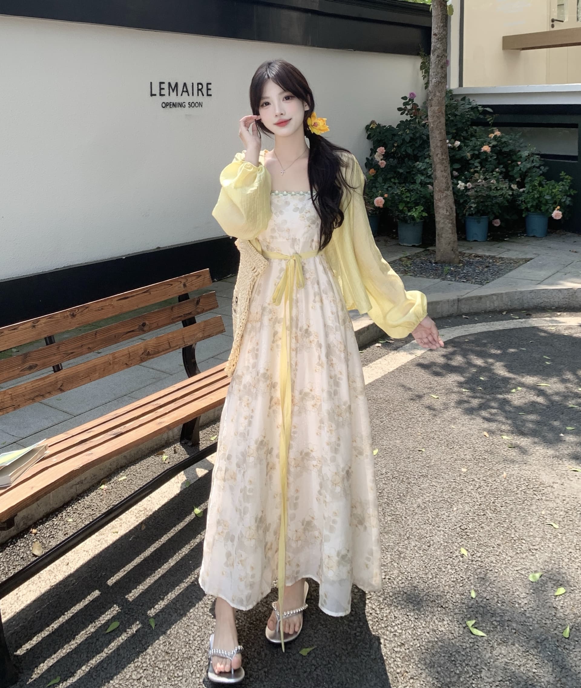 실사 빅 사이즈 여성 의류 슈퍼 화재 세트 여성 부드러운 바람 연령 감소 슬림해 보이는 오픈 가디건 꽃무늬 슬립 드레스 투피스 세트 이미지 3