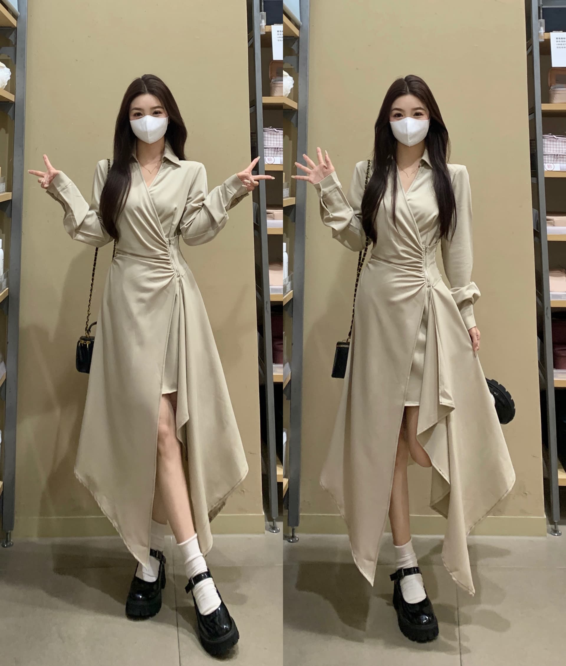 실사 빅 사이즈 여성 의류 불규칙 드레스 봄 드레스 새로운 품격 프랑스식 고급 센스 긴팔 휴가 치마