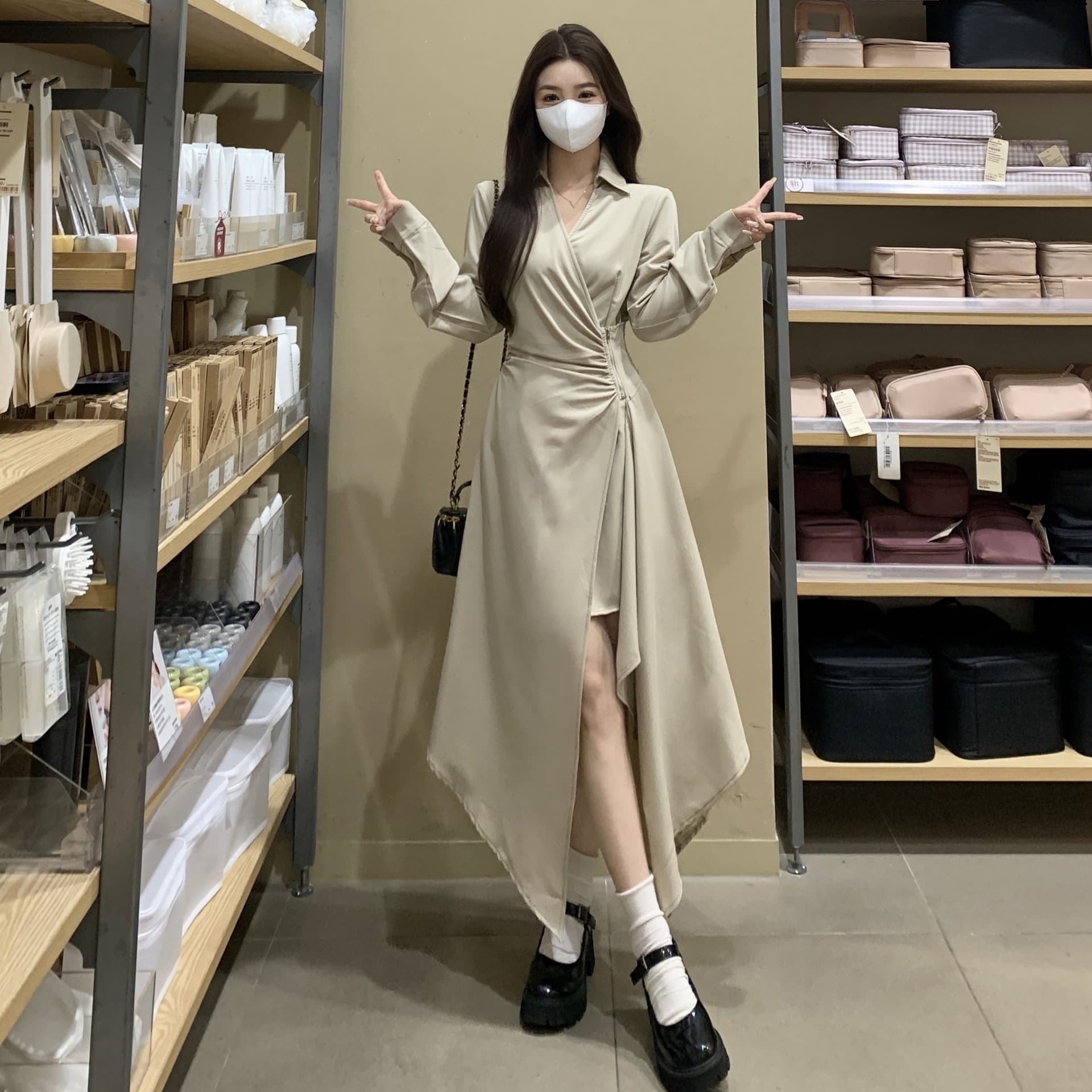 실사 빅 사이즈 여성 의류 불규칙 드레스 봄 드레스 새로운 품격 프랑스식 고급 센스 긴팔 휴가 치마 이미지 5