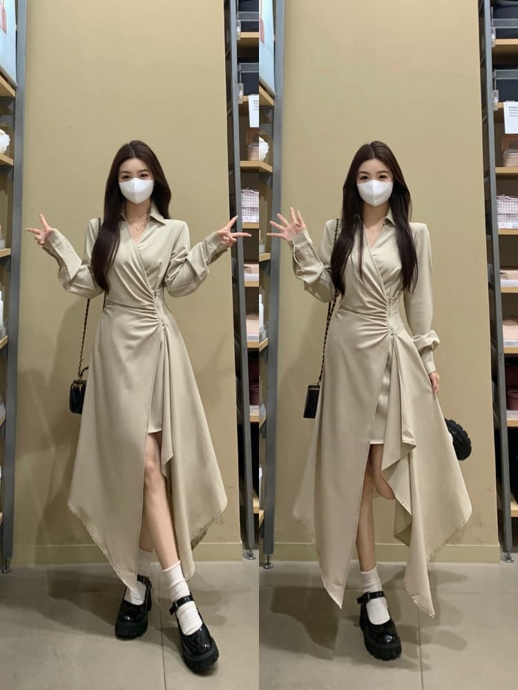 실사 빅 사이즈 여성 의류 불규칙 드레스 봄 드레스 새로운 품격 프랑스식 고급 센스 긴팔 휴가 치마 상세 이미지 2