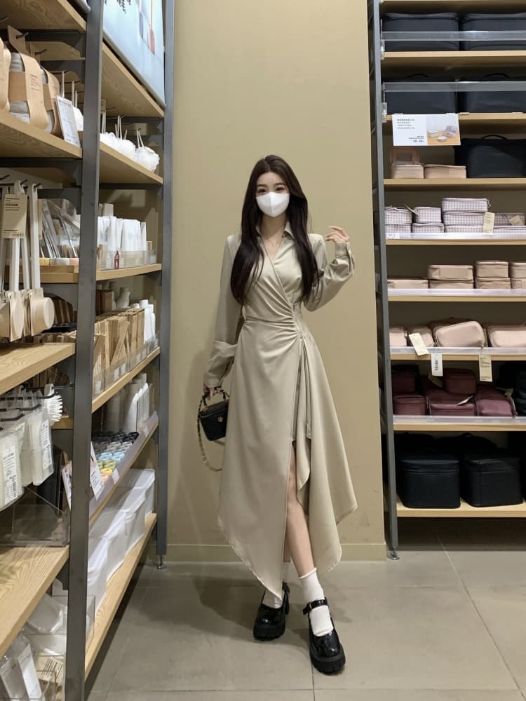 실사 빅 사이즈 여성 의류 불규칙 드레스 봄 드레스 새로운 품격 프랑스식 고급 센스 긴팔 휴가 치마 상세 이미지 9
