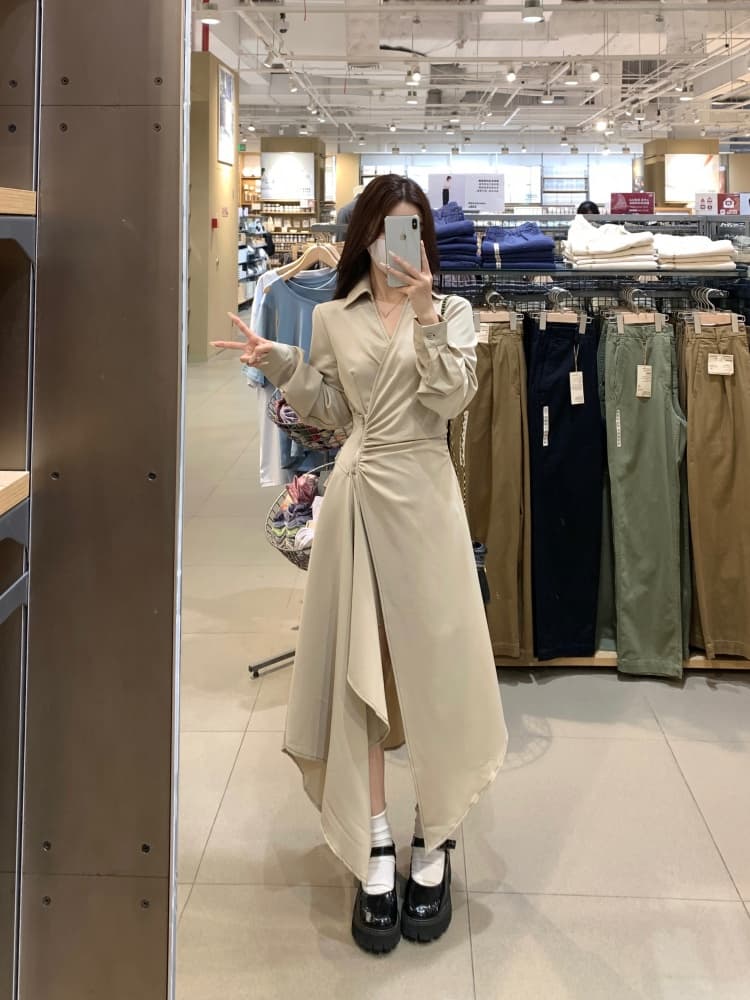 실사 빅 사이즈 여성 의류 불규칙 드레스 봄 드레스 새로운 품격 프랑스식 고급 센스 긴팔 휴가 치마 상세 이미지 18