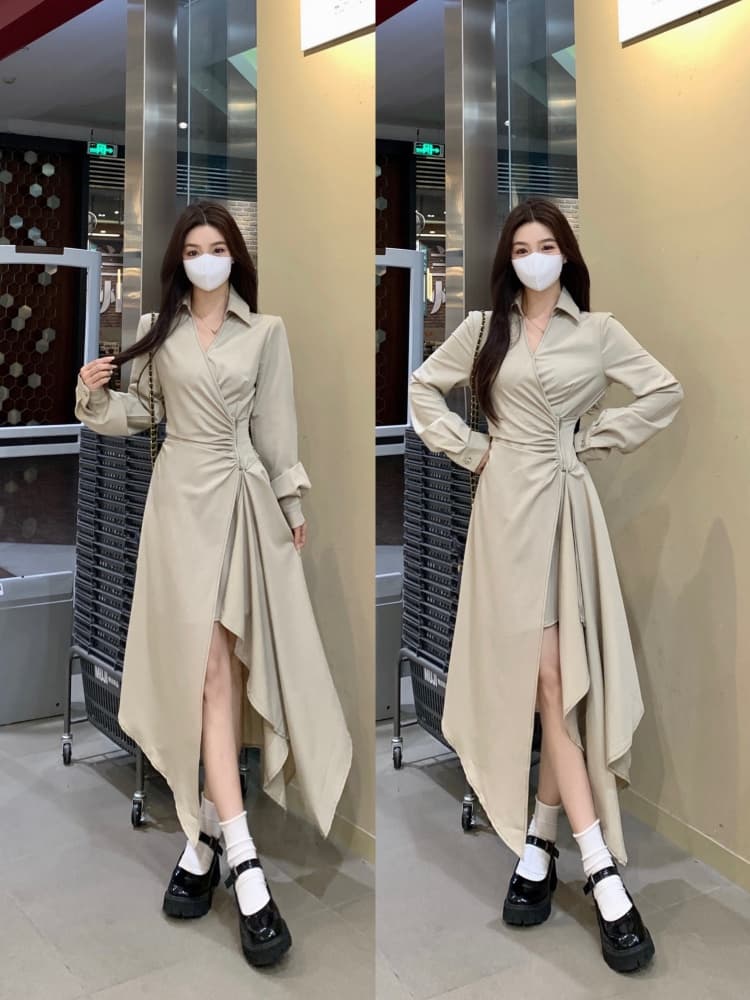 실사 빅 사이즈 여성 의류 불규칙 드레스 봄 드레스 새로운 품격 프랑스식 고급 센스 긴팔 휴가 치마 상세 이미지 22