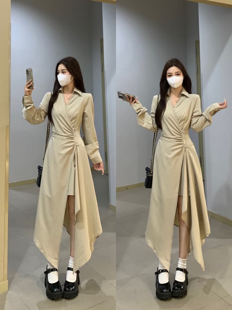 실사 빅 사이즈 여성 의류 불규칙 드레스 봄 드레스 새로운 품격 프랑스식 고급 센스 긴팔 휴가 치마 상세 이미지 23