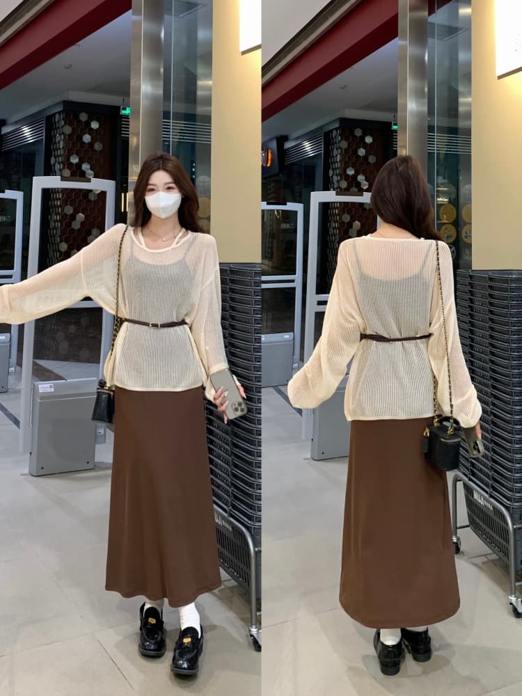 실사 빅 사이즈 여성 의류 봄 소금 부서 빛 요리 한 바람 블라우스 슬립 점프 슈트 치마 세트 품격 고급 센스 투피스 세트 상세 이미지 2