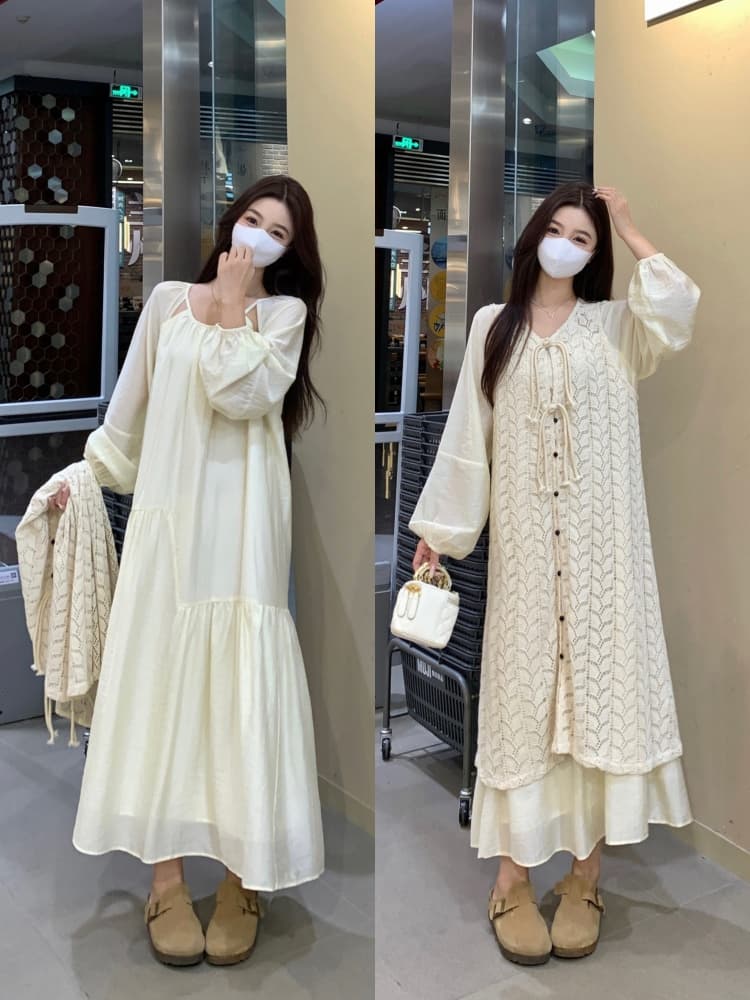 실사 빅 사이즈 프랑스식 홀로우 아웃 드레스 스택 착용 니트 블라우스 봄 품격 부드러운 느긋한 바람 투피스 세트 상세 이미지 3