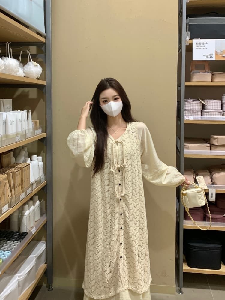 실사 빅 사이즈 프랑스식 홀로우 아웃 드레스 스택 착용 니트 블라우스 봄 품격 부드러운 느긋한 바람 투피스 세트 상세 이미지 10