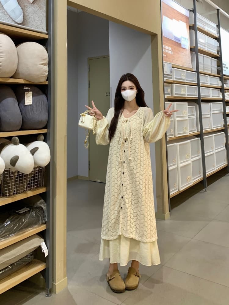 실사 빅 사이즈 프랑스식 홀로우 아웃 드레스 스택 착용 니트 블라우스 봄 품격 부드러운 느긋한 바람 투피스 세트 상세 이미지 19