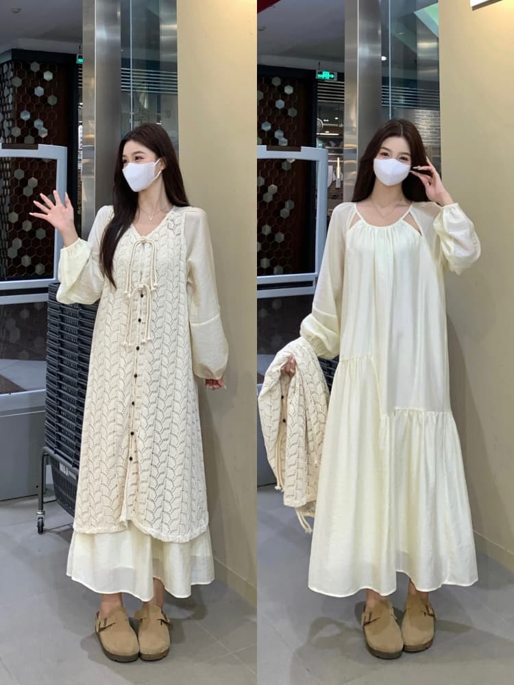 실사 빅 사이즈 프랑스식 홀로우 아웃 드레스 스택 착용 니트 블라우스 봄 품격 부드러운 느긋한 바람 투피스 세트 상세 이미지 20
