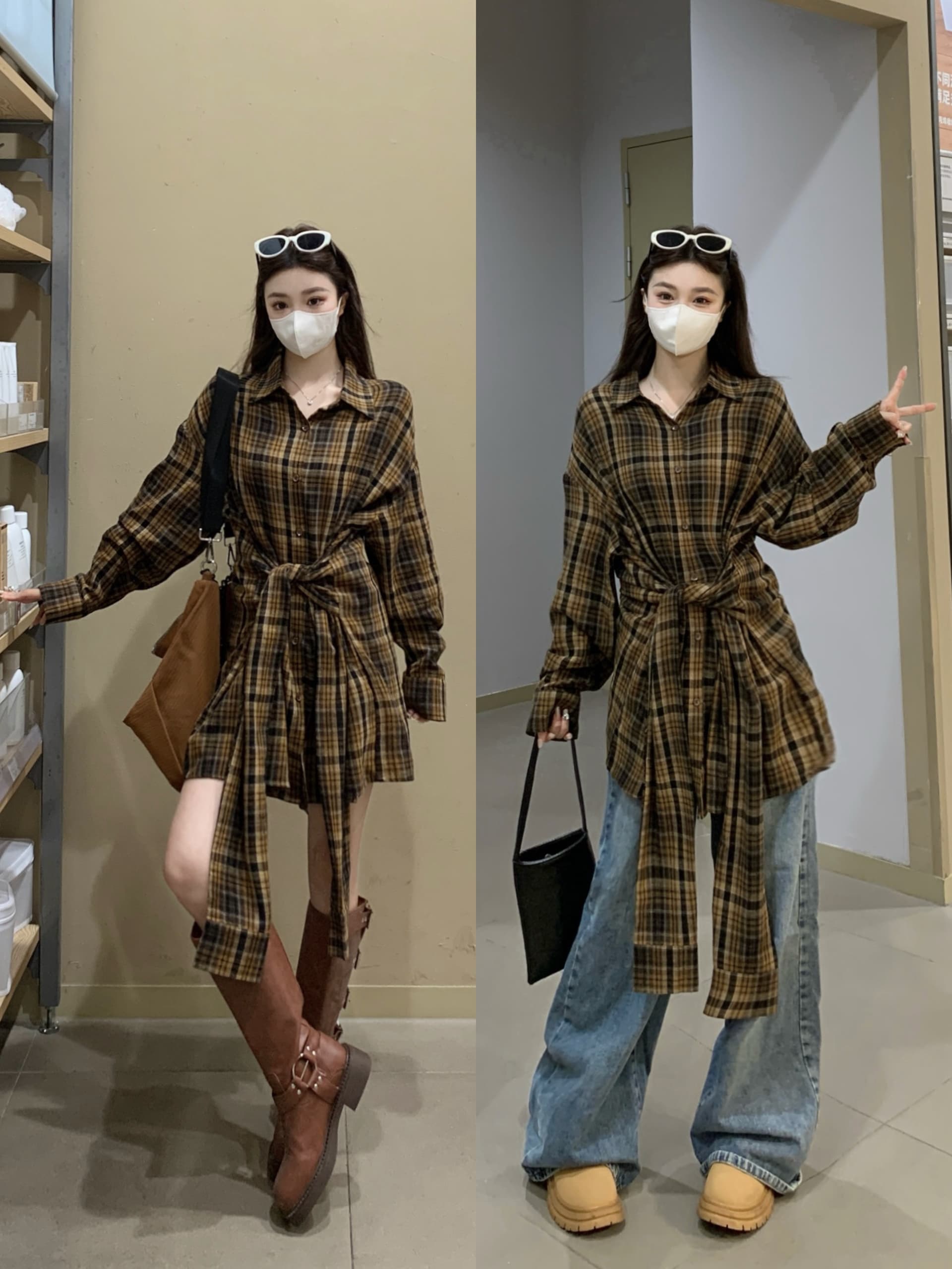 실사 빅 사이즈 여성 의류 지방 mm 디자인 센스 루즈핏 캐주얼 바람 드레스 레이스업 허리 수축 셔츠 드레스 여성 이미지 2