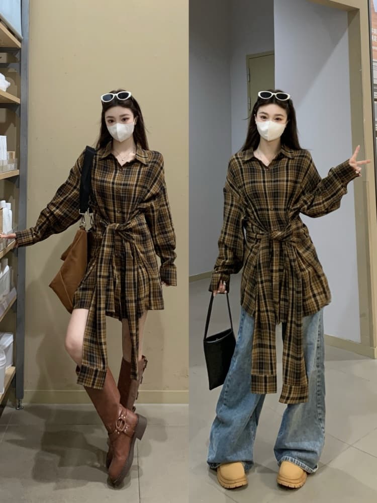 실사 빅 사이즈 여성 의류 지방 mm 디자인 센스 루즈핏 캐주얼 바람 드레스 레이스업 허리 수축 셔츠 드레스 여성 상세 이미지 3