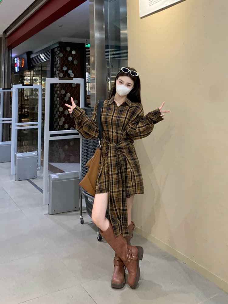 실사 빅 사이즈 여성 의류 지방 mm 디자인 센스 루즈핏 캐주얼 바람 드레스 레이스업 허리 수축 셔츠 드레스 여성 상세 이미지 5