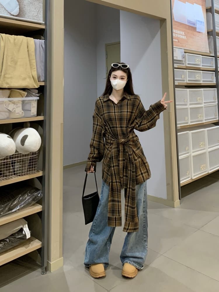 실사 빅 사이즈 여성 의류 지방 mm 디자인 센스 루즈핏 캐주얼 바람 드레스 레이스업 허리 수축 셔츠 드레스 여성 상세 이미지 6