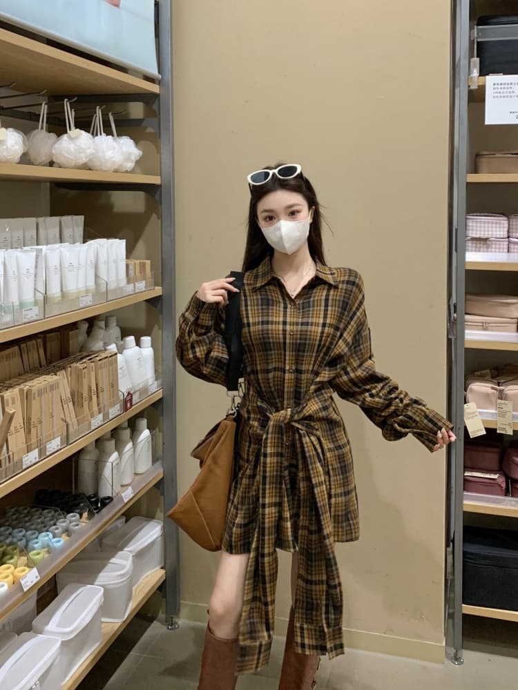 실사 빅 사이즈 여성 의류 지방 mm 디자인 센스 루즈핏 캐주얼 바람 드레스 레이스업 허리 수축 셔츠 드레스 여성 상세 이미지 10