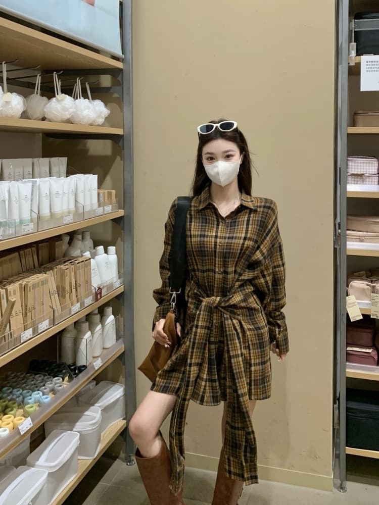 실사 빅 사이즈 여성 의류 지방 mm 디자인 센스 루즈핏 캐주얼 바람 드레스 레이스업 허리 수축 셔츠 드레스 여성 상세 이미지 12