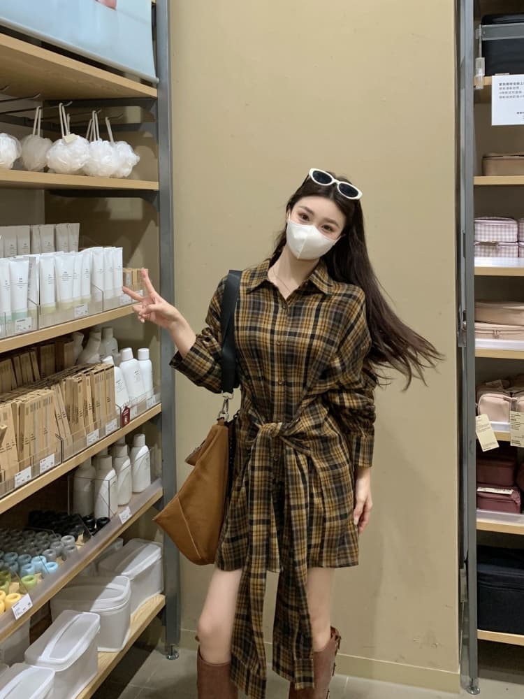 실사 빅 사이즈 여성 의류 지방 mm 디자인 센스 루즈핏 캐주얼 바람 드레스 레이스업 허리 수축 셔츠 드레스 여성 상세 이미지 13