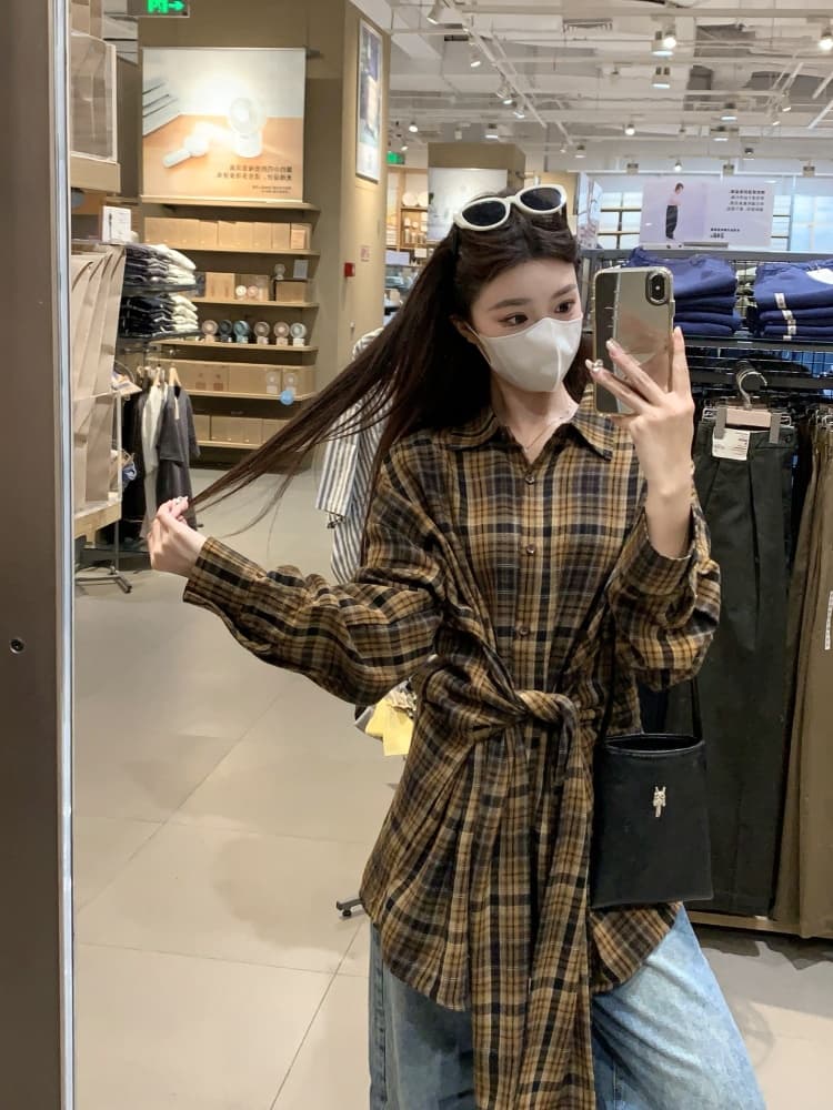 실사 빅 사이즈 여성 의류 지방 mm 디자인 센스 루즈핏 캐주얼 바람 드레스 레이스업 허리 수축 셔츠 드레스 여성 상세 이미지 15