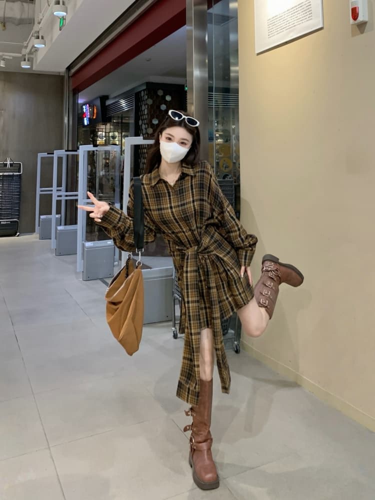 실사 빅 사이즈 여성 의류 지방 mm 디자인 센스 루즈핏 캐주얼 바람 드레스 레이스업 허리 수축 셔츠 드레스 여성 상세 이미지 16