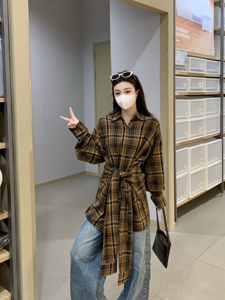 실사 빅 사이즈 여성 의류 지방 mm 디자인 센스 루즈핏 캐주얼 바람 드레스 레이스업 허리 수축 셔츠 드레스 여성 상세 이미지 19