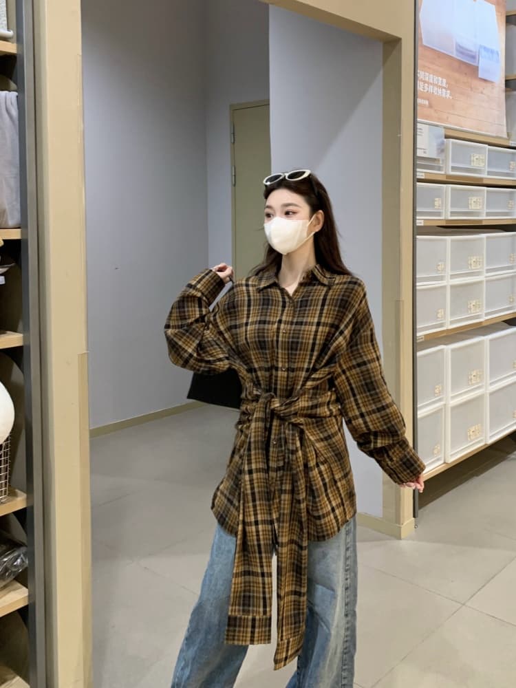 실사 빅 사이즈 여성 의류 지방 mm 디자인 센스 루즈핏 캐주얼 바람 드레스 레이스업 허리 수축 셔츠 드레스 여성 상세 이미지 20