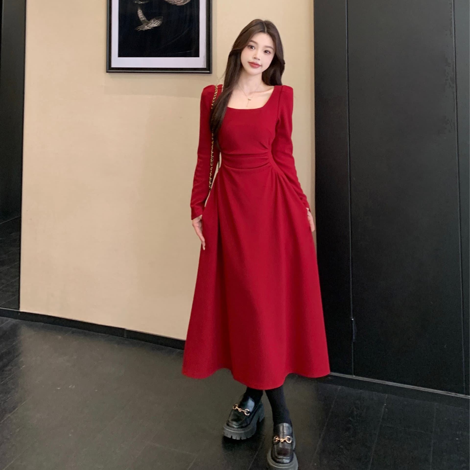 빅 사이즈 여성 의류 지방 mm 빨간색 긴팔 드레스 봄 프랑스식 참여 예복 토스트 서비스 보통 웨어러블 치마 이미지 6