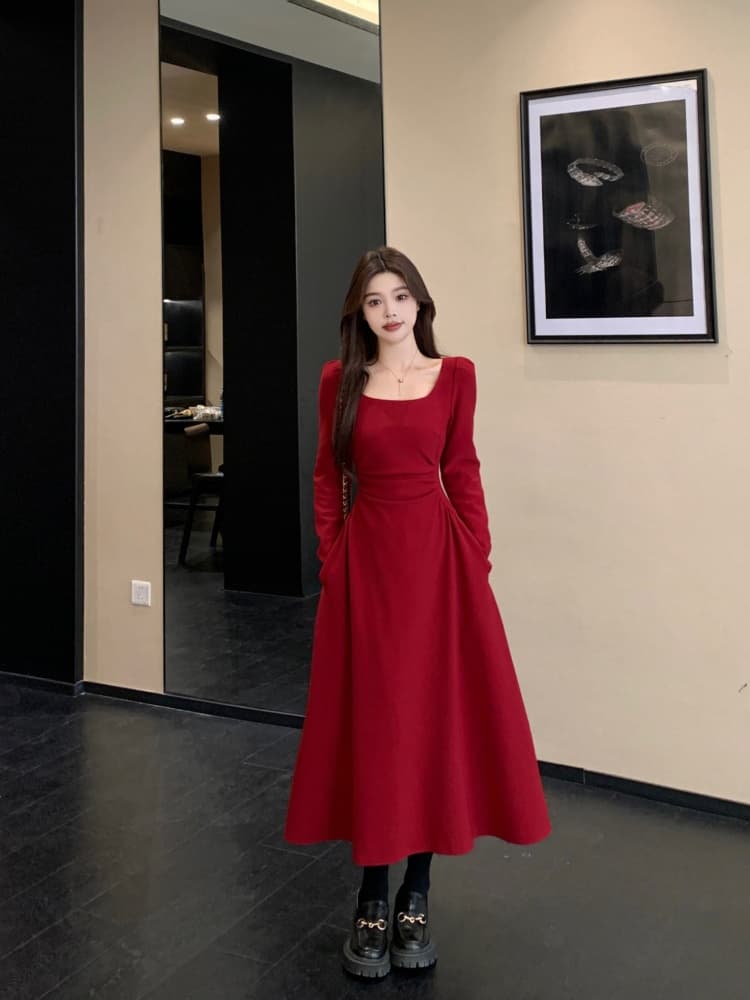 빅 사이즈 여성 의류 지방 mm 빨간색 긴팔 드레스 봄 프랑스식 참여 예복 토스트 서비스 보통 웨어러블 치마 상세 이미지 7