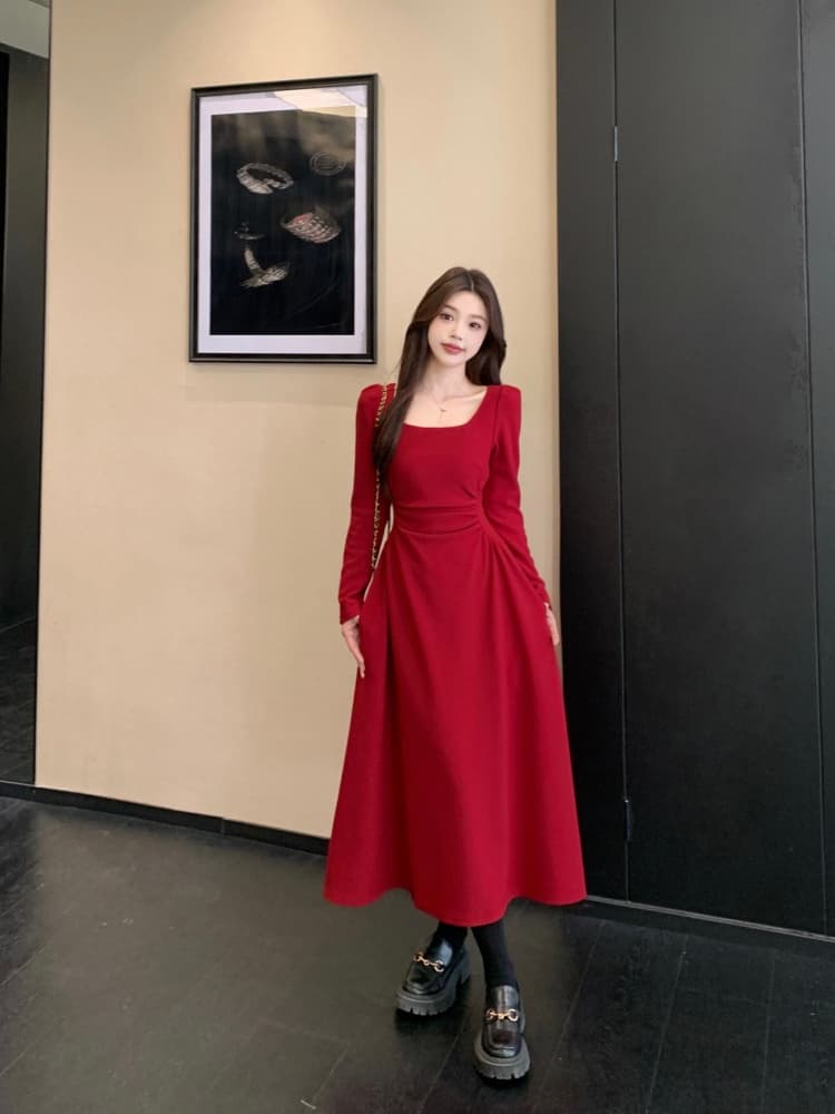 빅 사이즈 여성 의류 지방 mm 빨간색 긴팔 드레스 봄 프랑스식 참여 예복 토스트 서비스 보통 웨어러블 치마 상세 이미지 8