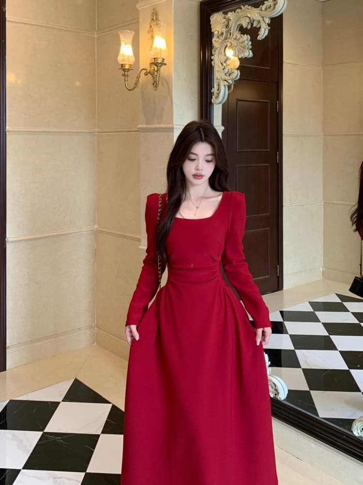 빅 사이즈 여성 의류 지방 mm 빨간색 긴팔 드레스 봄 프랑스식 참여 예복 토스트 서비스 보통 웨어러블 치마 상세 이미지 11