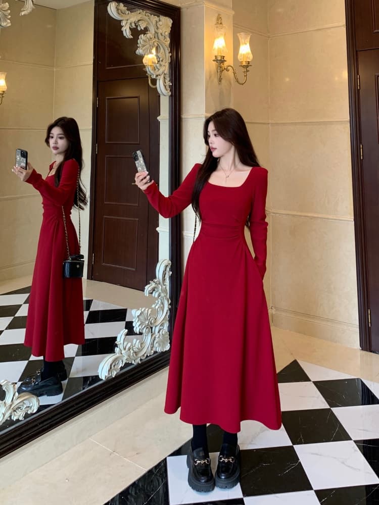 빅 사이즈 여성 의류 지방 mm 빨간색 긴팔 드레스 봄 프랑스식 참여 예복 토스트 서비스 보통 웨어러블 치마 상세 이미지 12