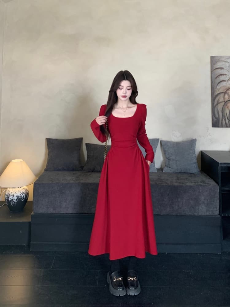 빅 사이즈 여성 의류 지방 mm 빨간색 긴팔 드레스 봄 프랑스식 참여 예복 토스트 서비스 보통 웨어러블 치마 상세 이미지 14