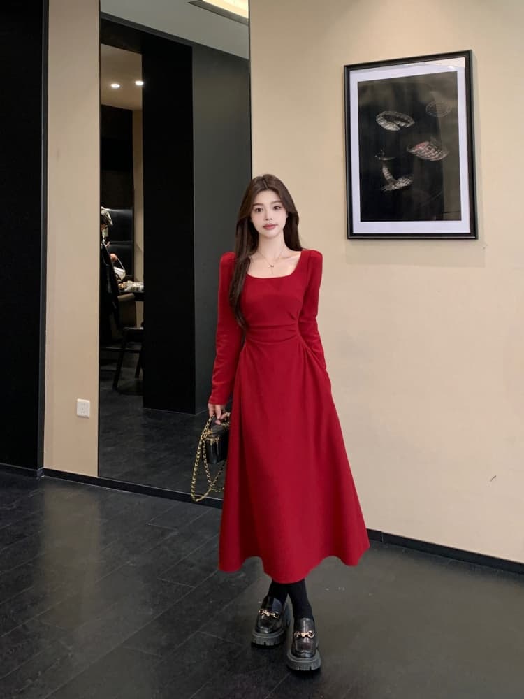 빅 사이즈 여성 의류 지방 mm 빨간색 긴팔 드레스 봄 프랑스식 참여 예복 토스트 서비스 보통 웨어러블 치마 상세 이미지 17