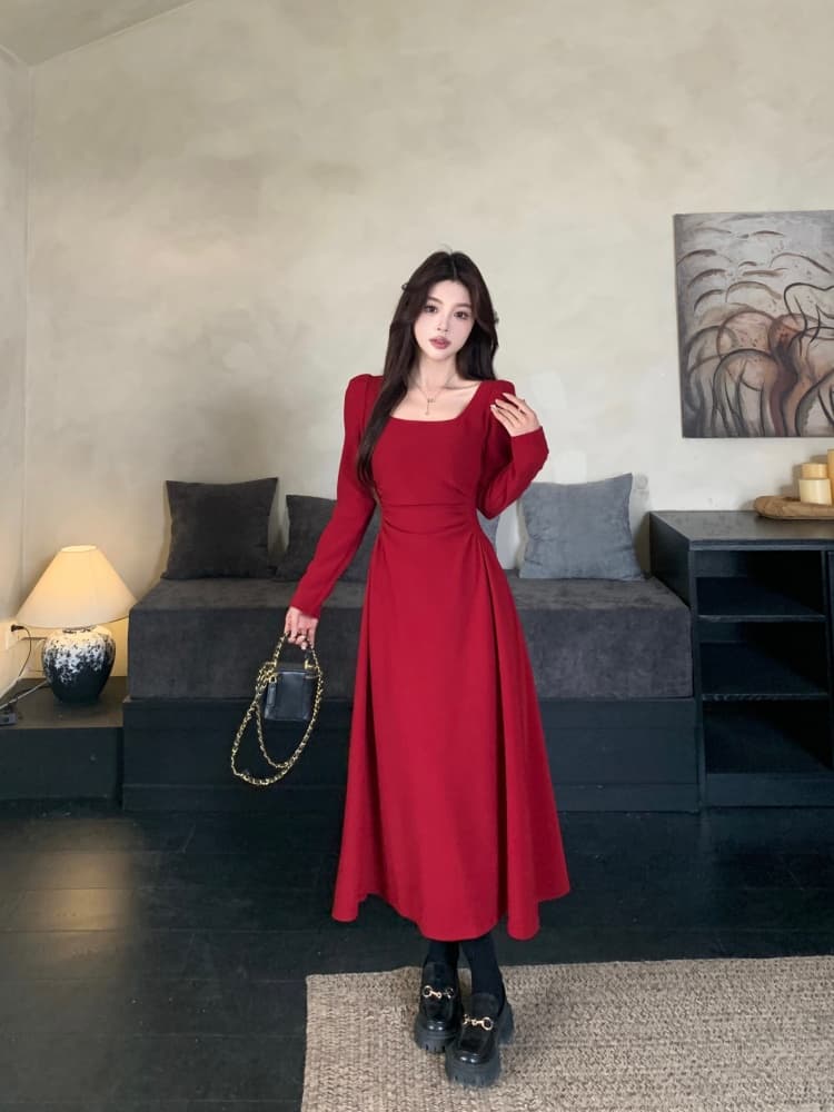 빅 사이즈 여성 의류 지방 mm 빨간색 긴팔 드레스 봄 프랑스식 참여 예복 토스트 서비스 보통 웨어러블 치마 상세 이미지 18