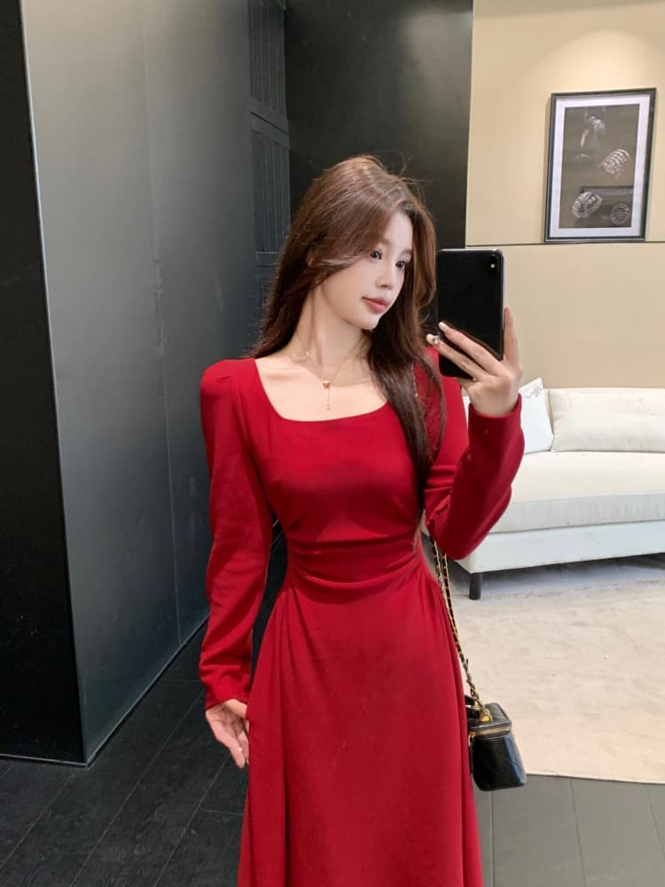 빅 사이즈 여성 의류 지방 mm 빨간색 긴팔 드레스 봄 프랑스식 참여 예복 토스트 서비스 보통 웨어러블 치마 상세 이미지 20