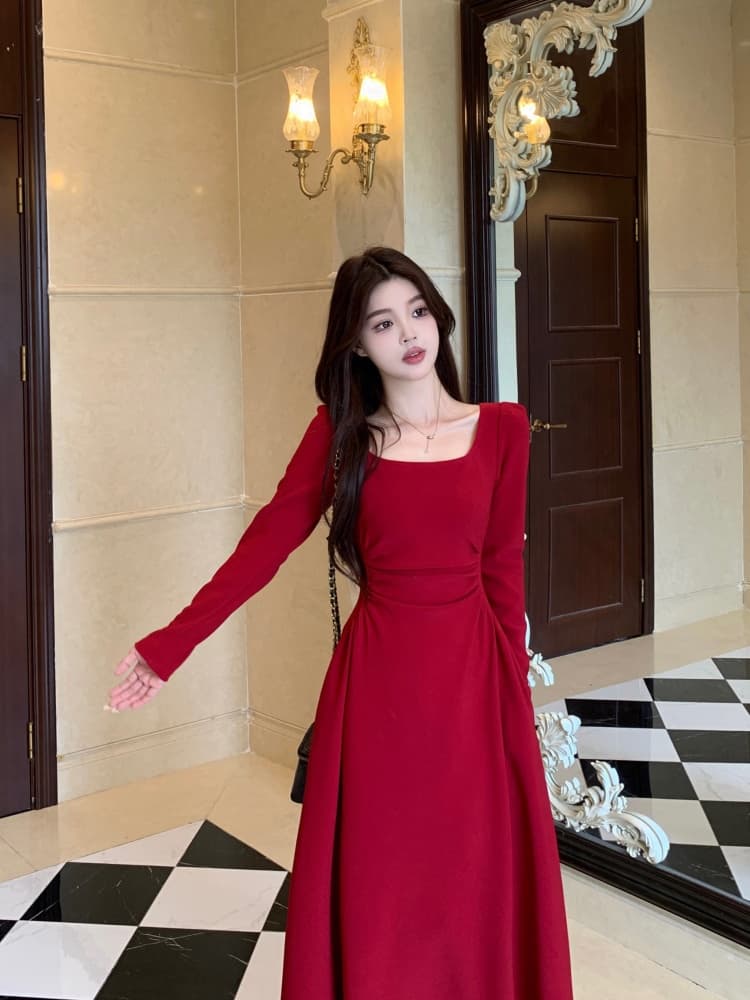 빅 사이즈 여성 의류 지방 mm 빨간색 긴팔 드레스 봄 프랑스식 참여 예복 토스트 서비스 보통 웨어러블 치마 상세 이미지 21
