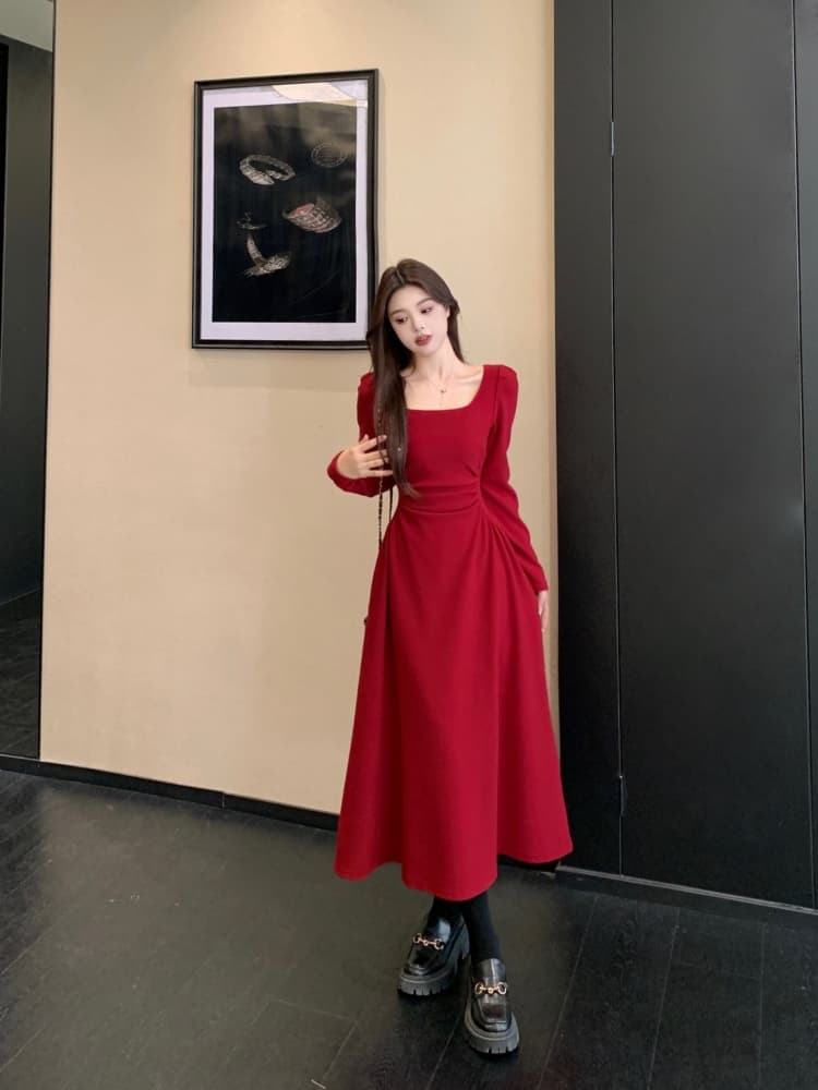 빅 사이즈 여성 의류 지방 mm 빨간색 긴팔 드레스 봄 프랑스식 참여 예복 토스트 서비스 보통 웨어러블 치마 상세 이미지 22
