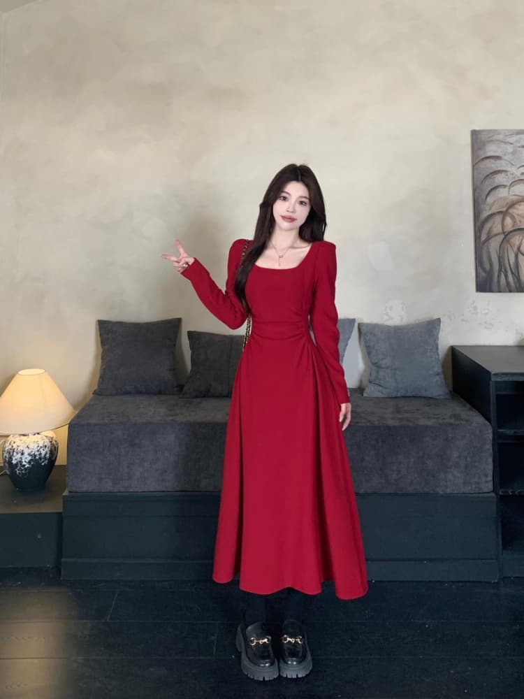빅 사이즈 여성 의류 지방 mm 빨간색 긴팔 드레스 봄 프랑스식 참여 예복 토스트 서비스 보통 웨어러블 치마 상세 이미지 23