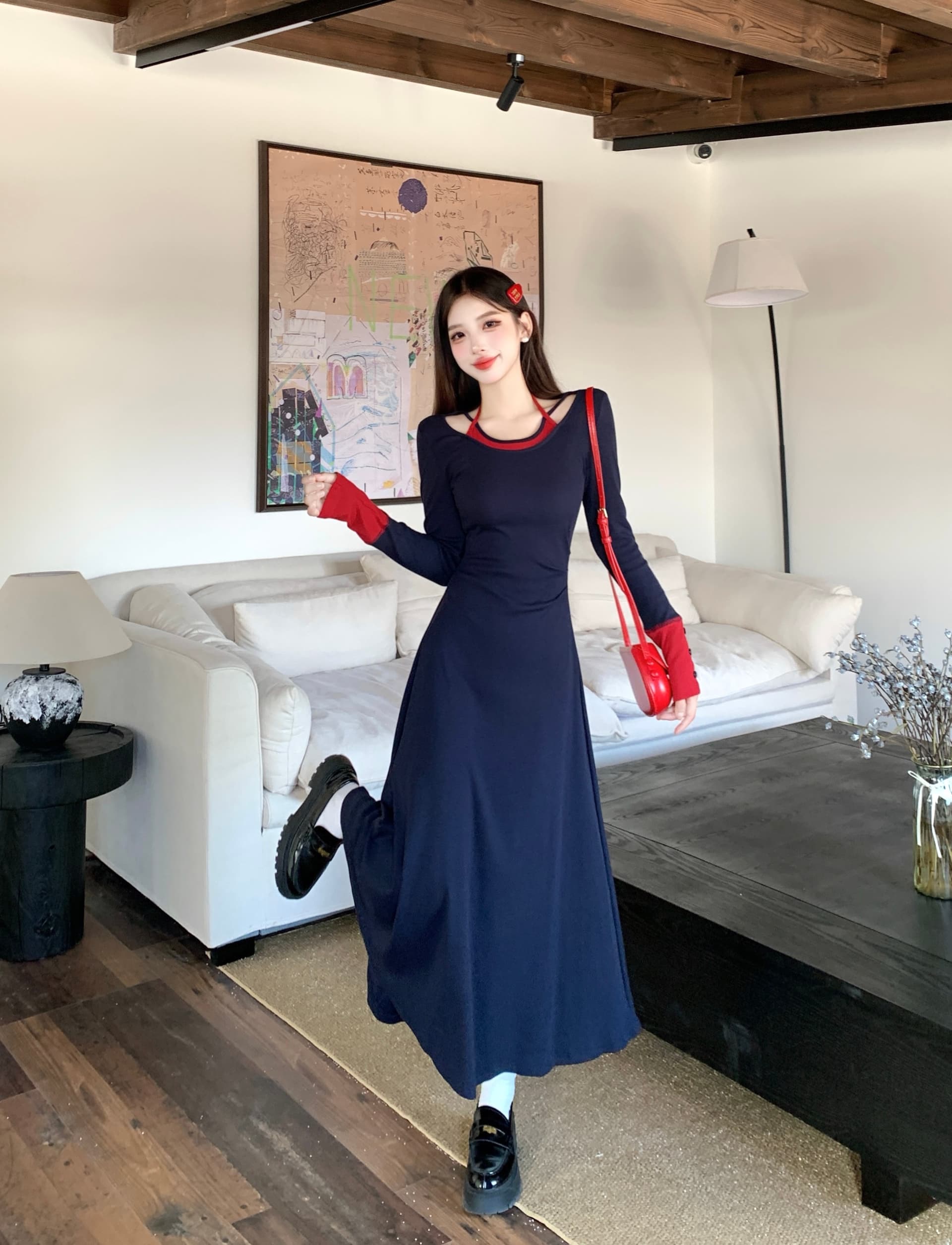 빅 사이즈 여성 의류 지방 mm 한 부서 니트 드레스 부드러운 소녀 품격 페이크 레이어드 롱 스커트 이미지 3