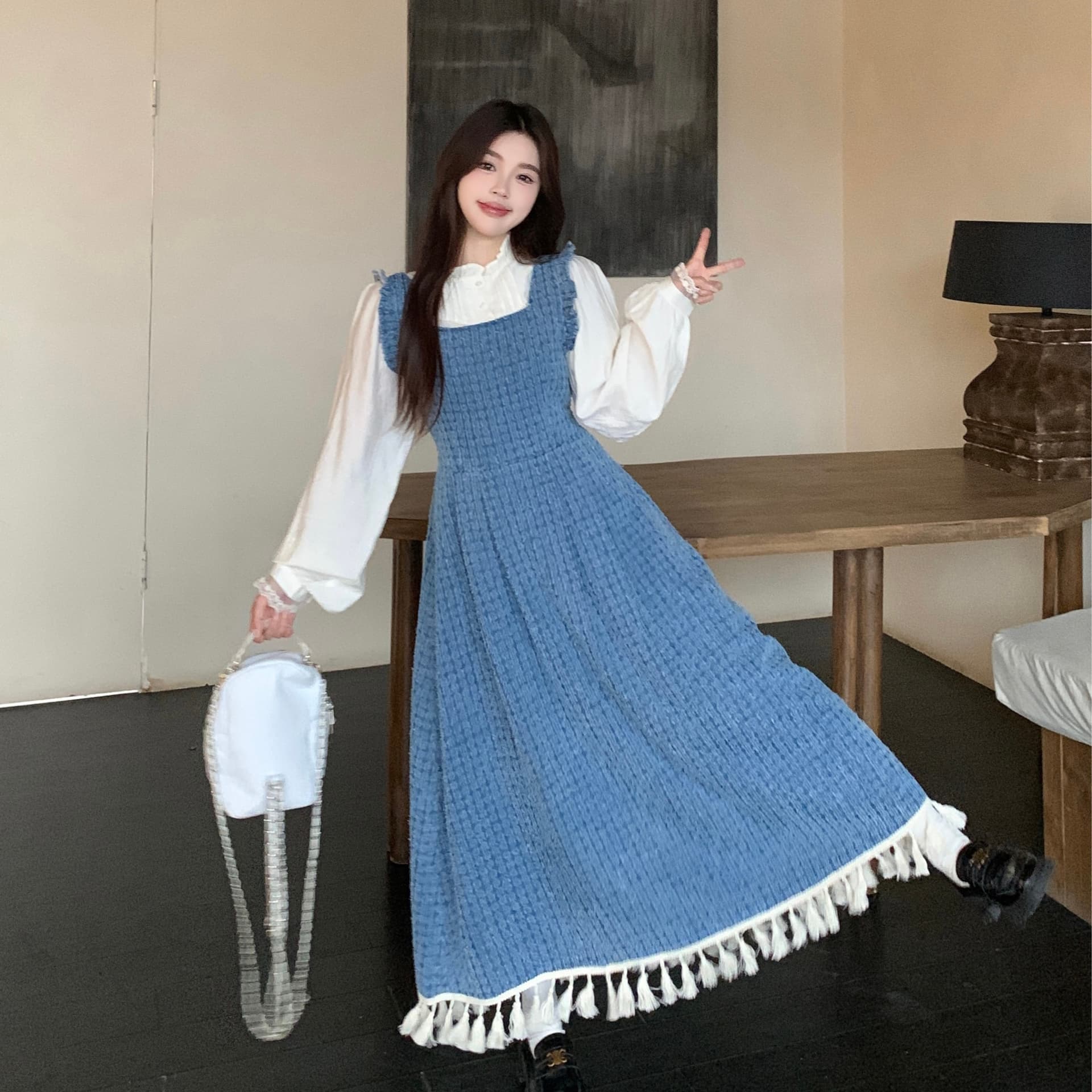 실사 빅 사이즈 여성 의류 지방 mm 파란색 레트로 데님 멜빵 드레스 연령 감소 셔츠 술 롱 스커트 투피스 세트 이미지 6