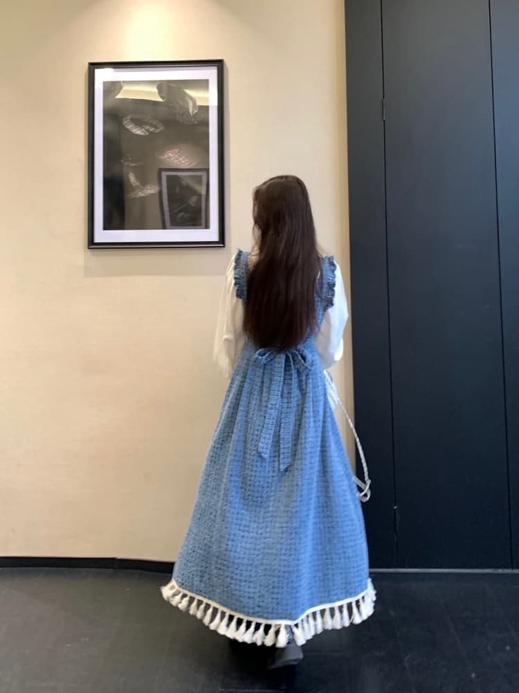 실사 빅 사이즈 여성 의류 지방 mm 파란색 레트로 데님 멜빵 드레스 연령 감소 셔츠 술 롱 스커트 투피스 세트 상세 이미지 6