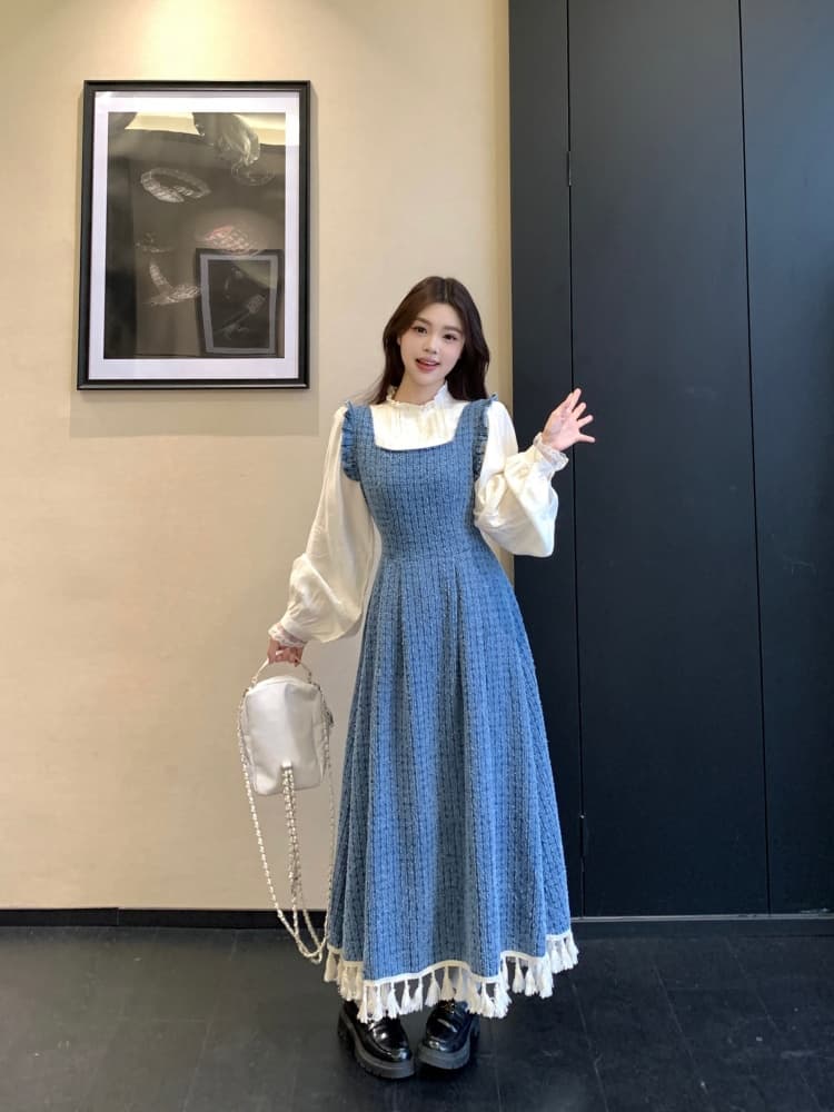 실사 빅 사이즈 여성 의류 지방 mm 파란색 레트로 데님 멜빵 드레스 연령 감소 셔츠 술 롱 스커트 투피스 세트 상세 이미지 8
