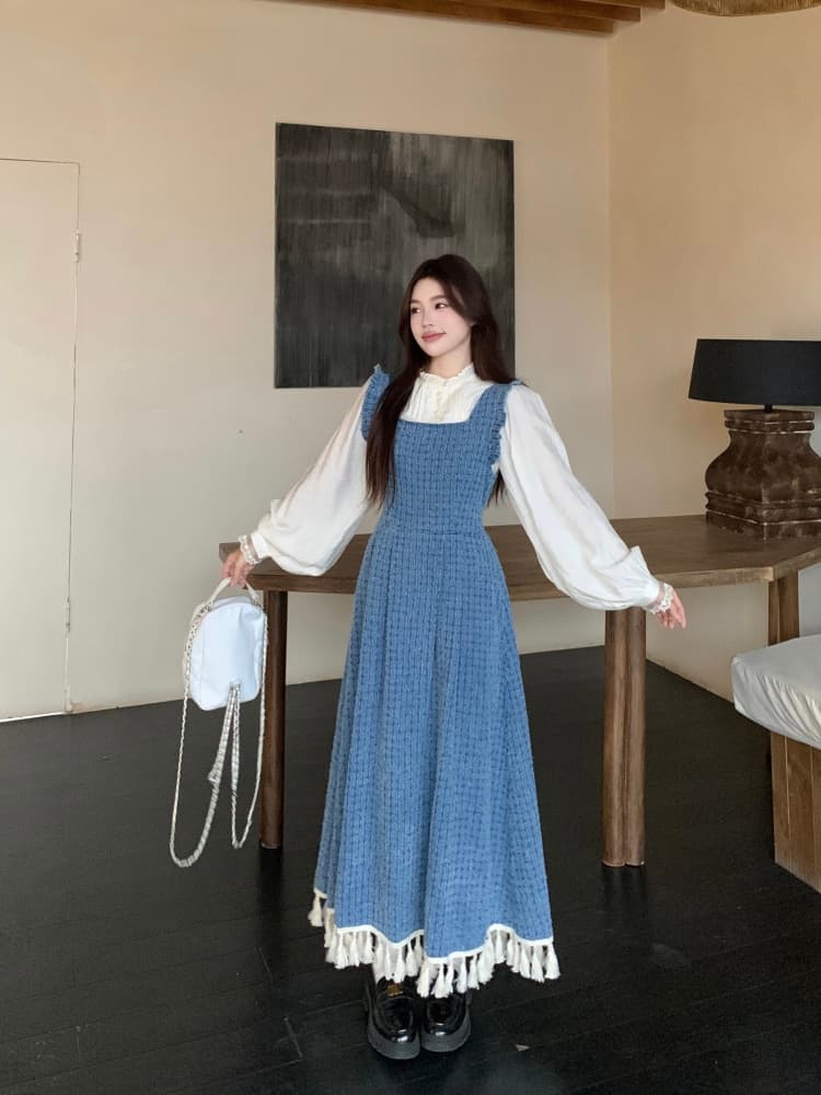 실사 빅 사이즈 여성 의류 지방 mm 파란색 레트로 데님 멜빵 드레스 연령 감소 셔츠 술 롱 스커트 투피스 세트 상세 이미지 18