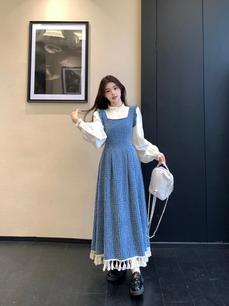 실사 빅 사이즈 여성 의류 지방 mm 파란색 레트로 데님 멜빵 드레스 연령 감소 셔츠 술 롱 스커트 투피스 세트 상세 이미지 19
