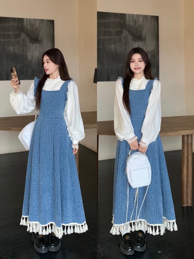 실사 빅 사이즈 여성 의류 지방 mm 파란색 레트로 데님 멜빵 드레스 연령 감소 셔츠 술 롱 스커트 투피스 세트 상세 이미지 23