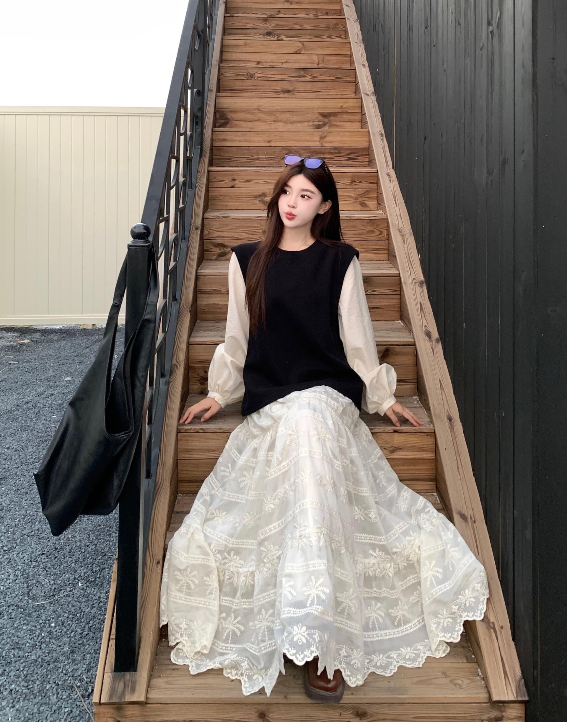 빅 사이즈 여성 의류 지방 mm 사실 두 조각 긴팔 패치워크 여성 드레스 가을 루즈핏 무거운 작업 롱 스커트 디자인 센스 치마 이미지 2
