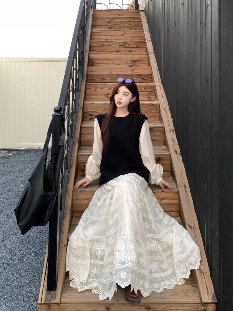 빅 사이즈 여성 의류 지방 mm 사실 두 조각 긴팔 패치워크 여성 드레스 가을 루즈핏 무거운 작업 롱 스커트 디자인 센스 치마 상세 이미지 4